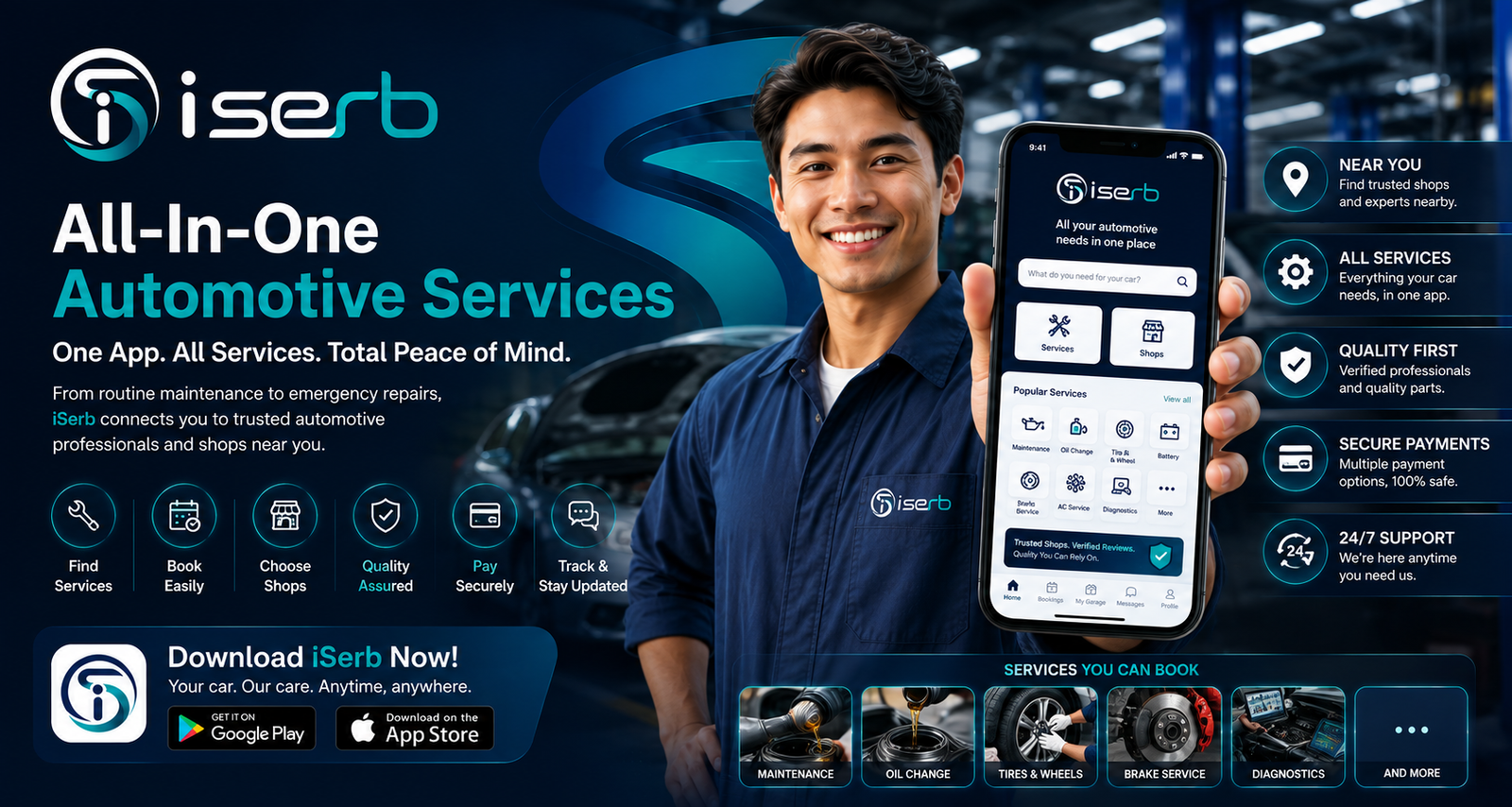 iSerb all-in-one automotive services — download the app for services near you, all services in one app, verified quality, secure payments, and 24/7 support.