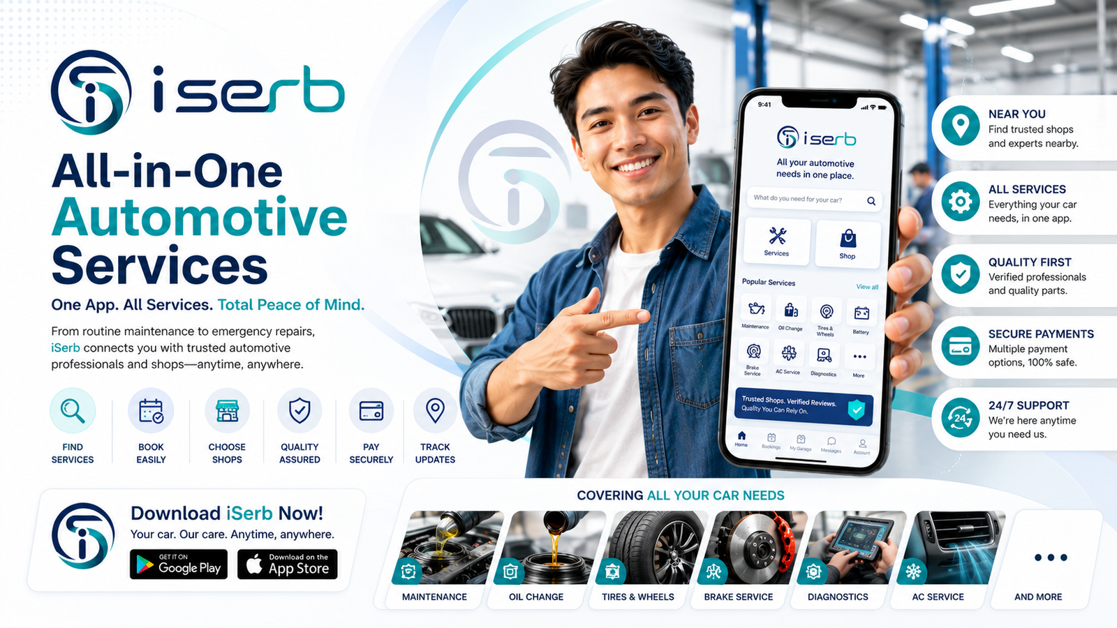 iSerb all-in-one automotive services — find services, book easily, choose shops, quality assured, pay securely, track updates.