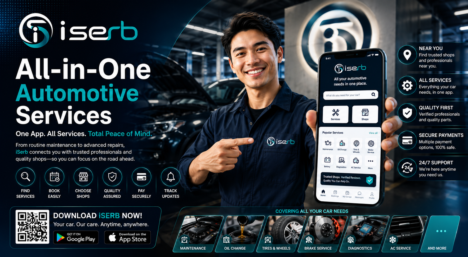 iSerb all-in-one automotive services — covering maintenance, oil change, tires and wheels, brake service, diagnostics, and AC service.